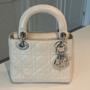 Auth SMALL LADY DIOR Cannage Quilted Leather Bag in LATTE Cream, Silver Hardware